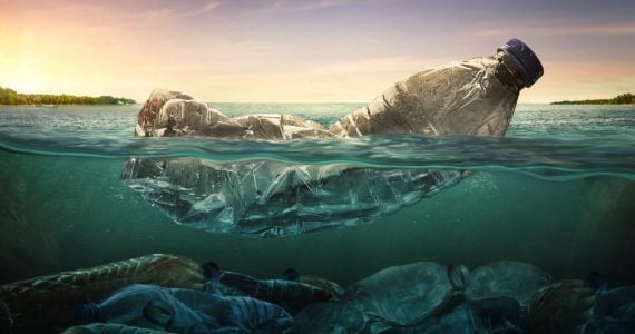 Plastic water bottle in ocean