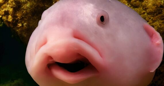 a blob fish in front of a coral reef