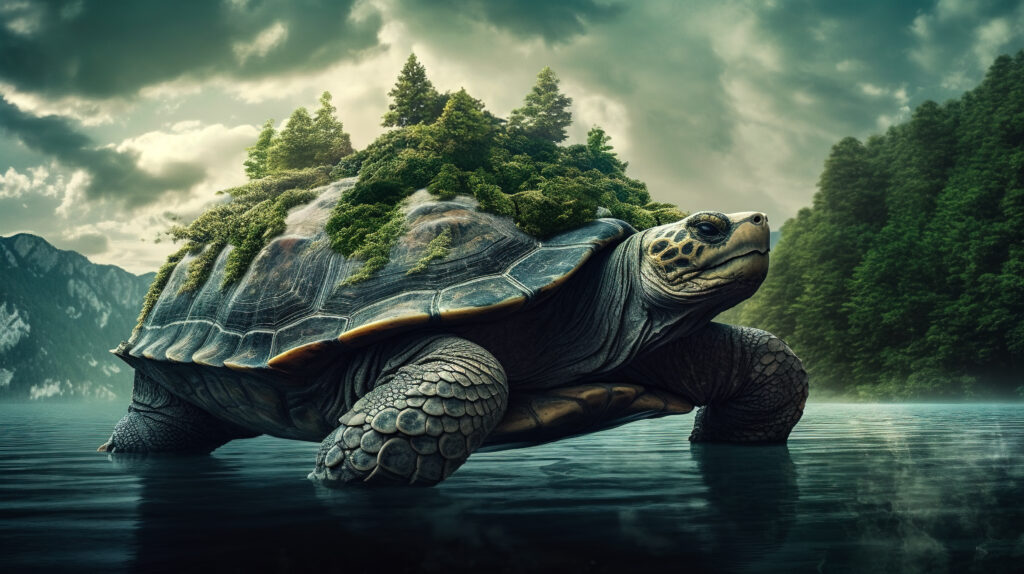 mythical sea turtle with an island on its shell