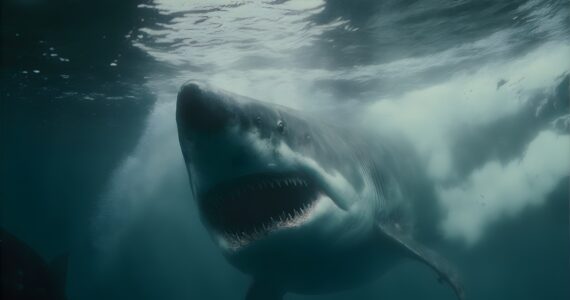 a shark underwater with its mouth open