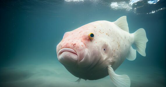 a rendering of a blobfish deep underwater