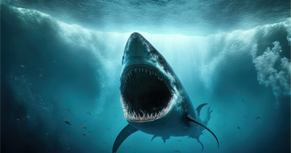 a megalodon swimming underwater in a 3d rendering