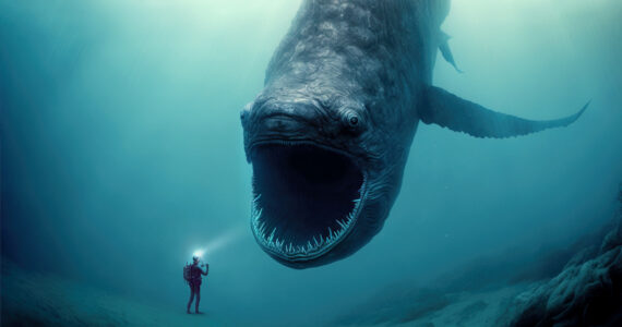 a rendering of a diver coming face to face with a sea serpent