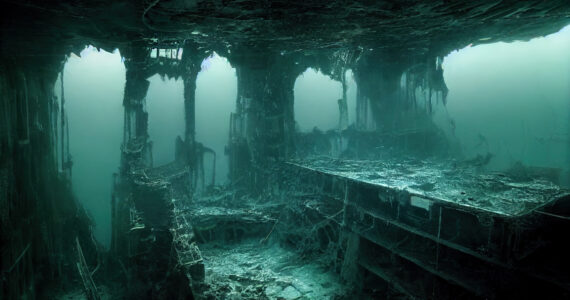 a generative AI image of the interior of the titanic shipwreck at the bottom of the ocean