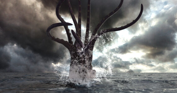a rendering of a giant squid's tentacles coming up out of the water