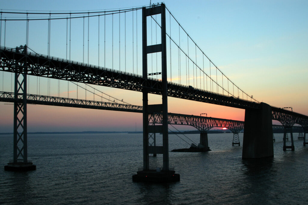 a close view of the bay bridges at sunset in chesapeake bay