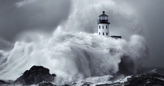 a massive wave hitting a lighthouse