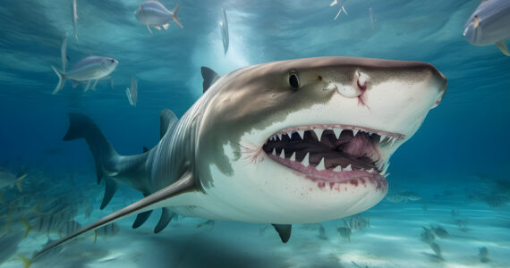 a rendering of a tiger shark swimming underwater