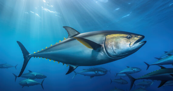 a rendering of a yellowfin tuna swimming in the ocean