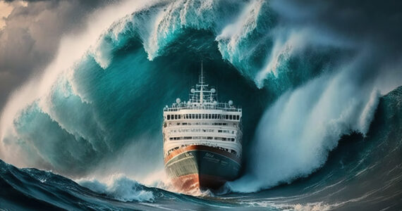 a rendering of a cruise ship being hit by a tsunami