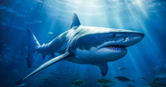 a megalodon rendering swimming through the water