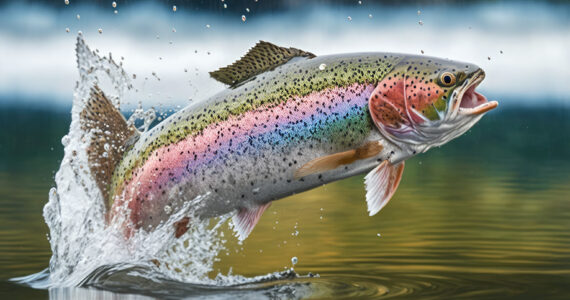 a rendering of a rainbow trout leaping from the water