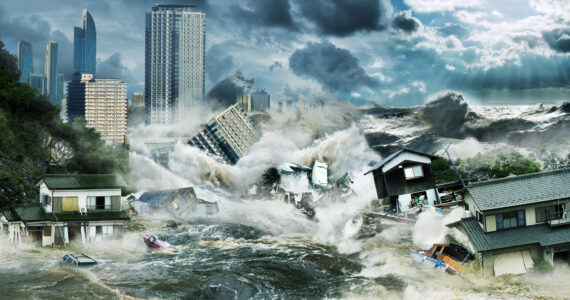 a tsunami destroying a city