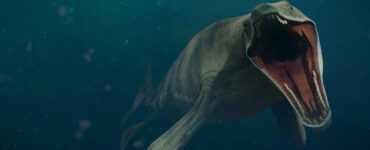 an illustration of a water dinosaur underwater with its mouth open