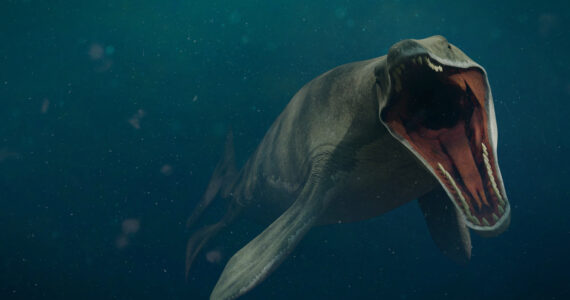 an illustration of a water dinosaur underwater with its mouth open