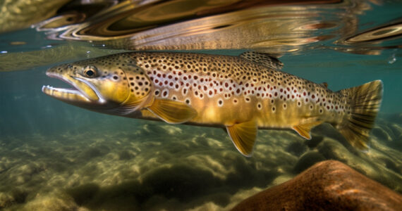 a rendering of a brown trout underwater