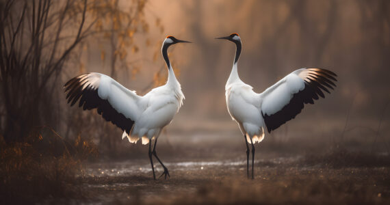 two cranes standing together