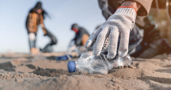 people collecting trash on a beach