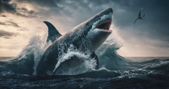 a rendering of the megalodon leaping out of the water