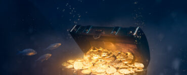 rendering of a sunken treasure chest underwater