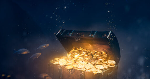 rendering of a sunken treasure chest underwater