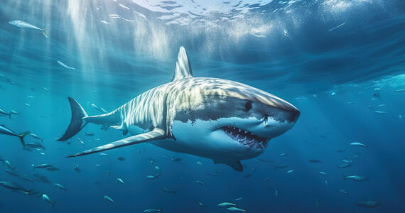 rendering of a great white shark swimming underwater