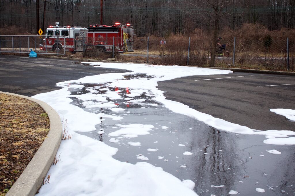 firefighting foam spilled on the ground