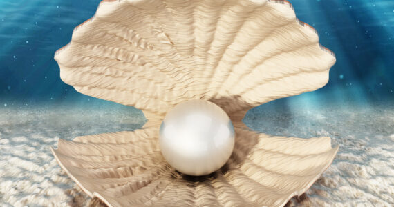a giant clam with a huge pearl underwater