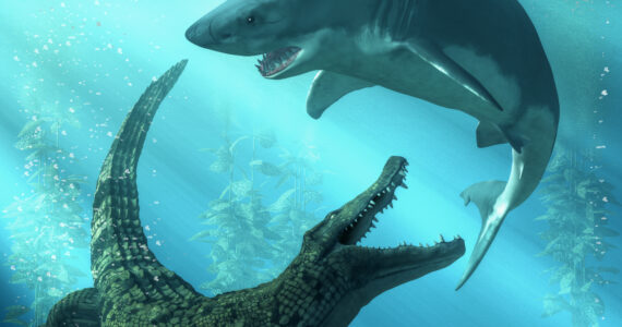 rendering of a shark fighting a crocodile