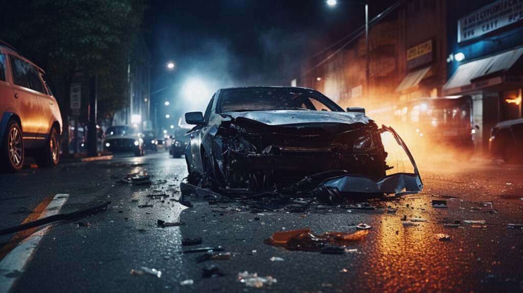 a destroyed car in a dangerous city