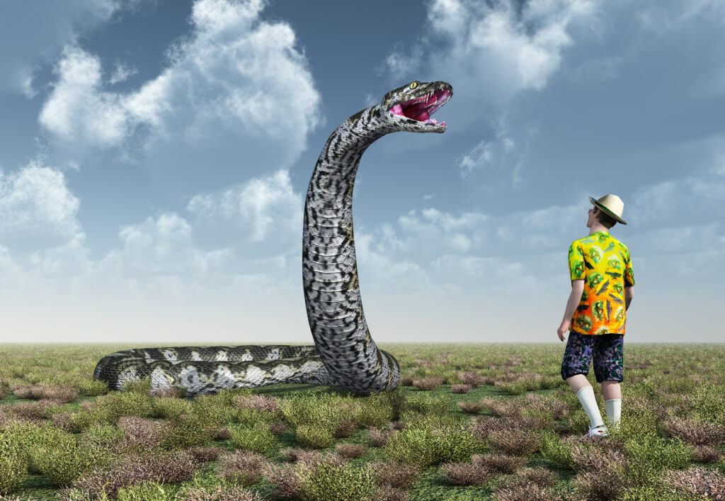 rendering of a titanoboa and a man