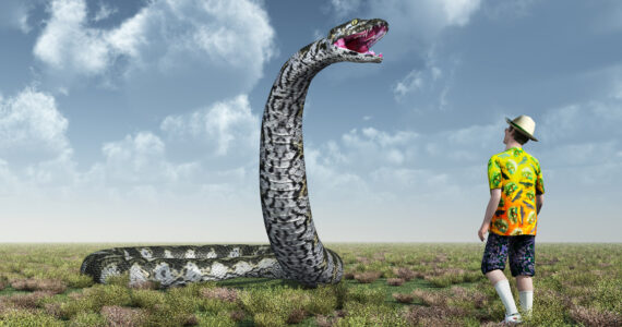 rendering of a titanoboa and a man