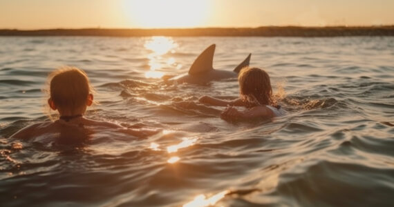 a shark about to attack people swimming