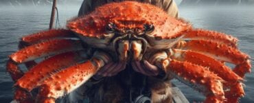 rendering of a man holding an enormous alaskan king crab