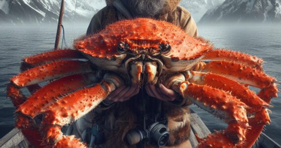rendering of a man holding an enormous alaskan king crab