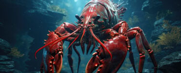 a rendering of a massiv lobster underwater