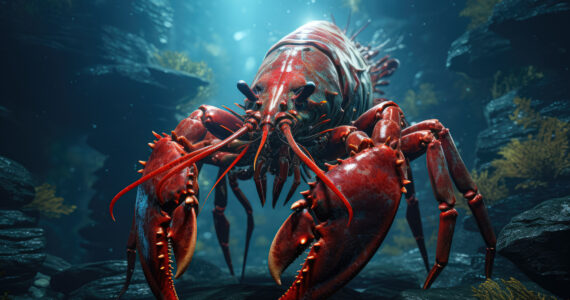 a rendering of a massiv lobster underwater