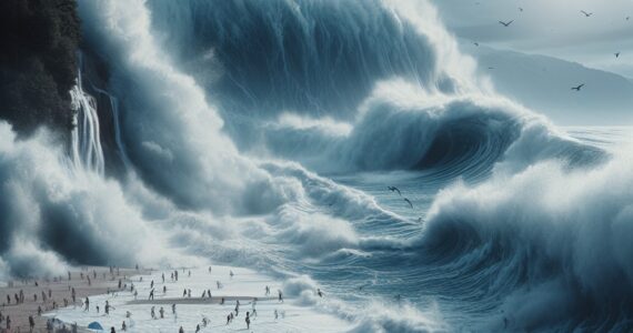 AI rendering of giant waves crashing on a beach