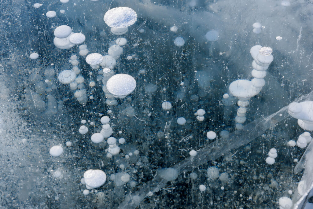 frozen bubbles trapped in ice