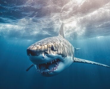 rendering of a great white shark in the ocean