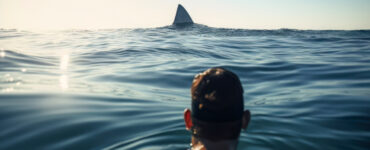 rendering of a man in the ocean looking at a shark fin