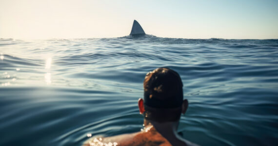 rendering of a man in the ocean looking at a shark fin