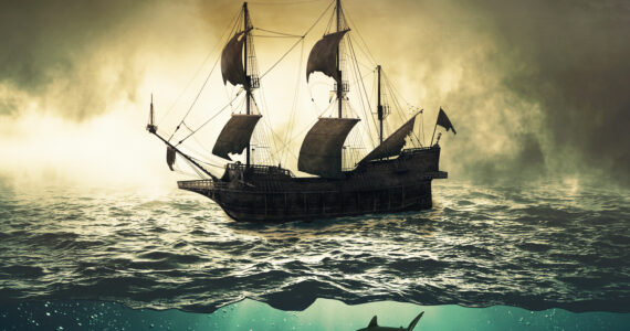 a drawing of a ship in the ocean surrounded by sharks below