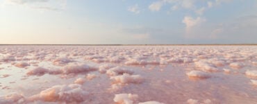 a pink salt lake under a cloudy blue sky