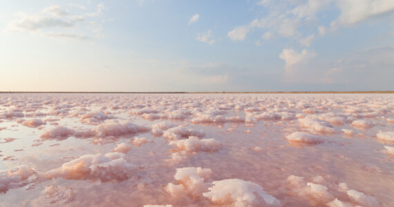 a pink salt lake under a cloudy blue sky