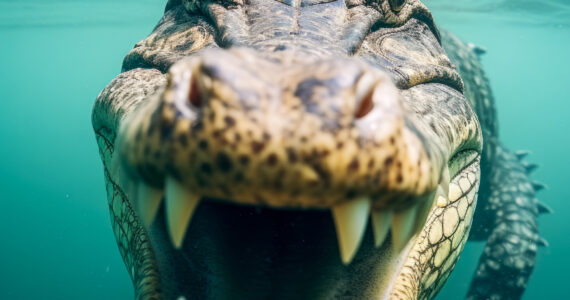 rendering of a gator up close underwater