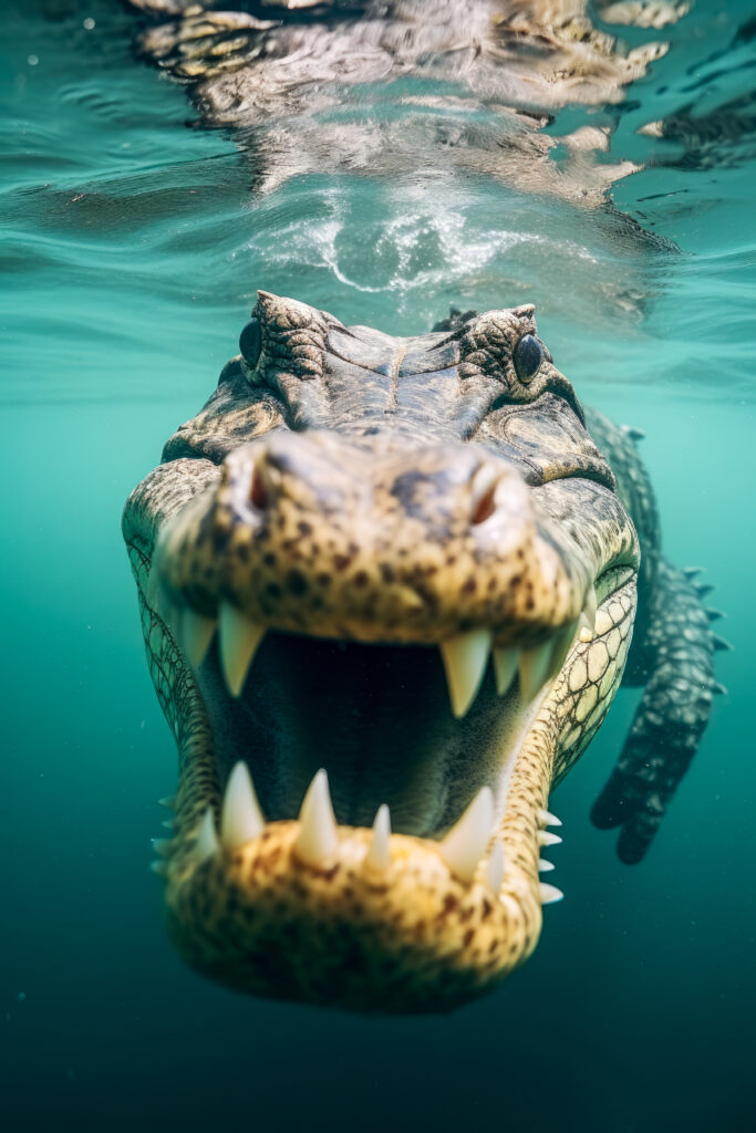 rendering of a gator up close underwater
