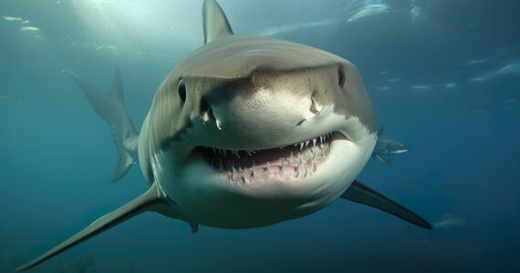 a rendering of a great white shark up close