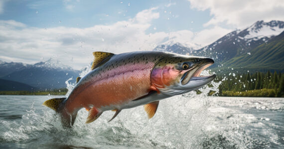 rendering of a salmon leaping out of the water