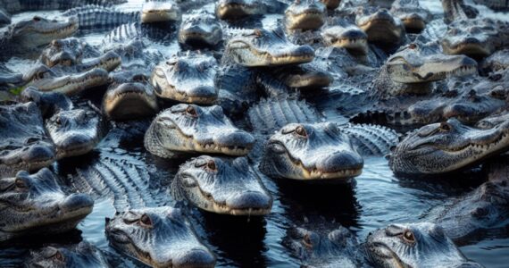 a swarm of alligators in a lake